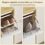 Meuble à chaussures, armoire à chaussures étroite, 4 tiroirs rabattables, porte haute brillante, 105x24x92,5cm, blanc-5