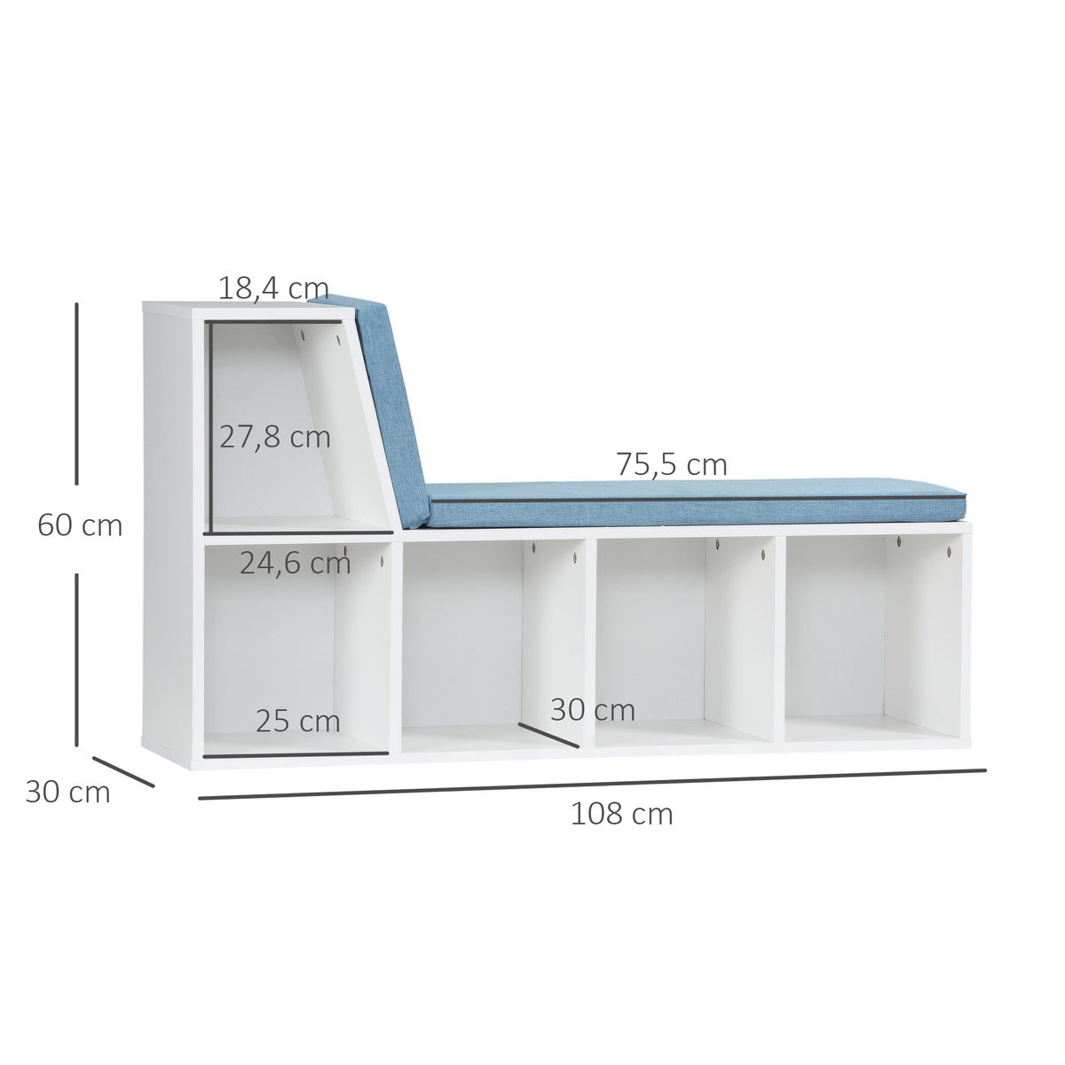 Bibliothèque banc 2 en 1 avec 5 compartiments de rangement et 2 coussins 108 x 30 x 60 cm blanc bleu-2