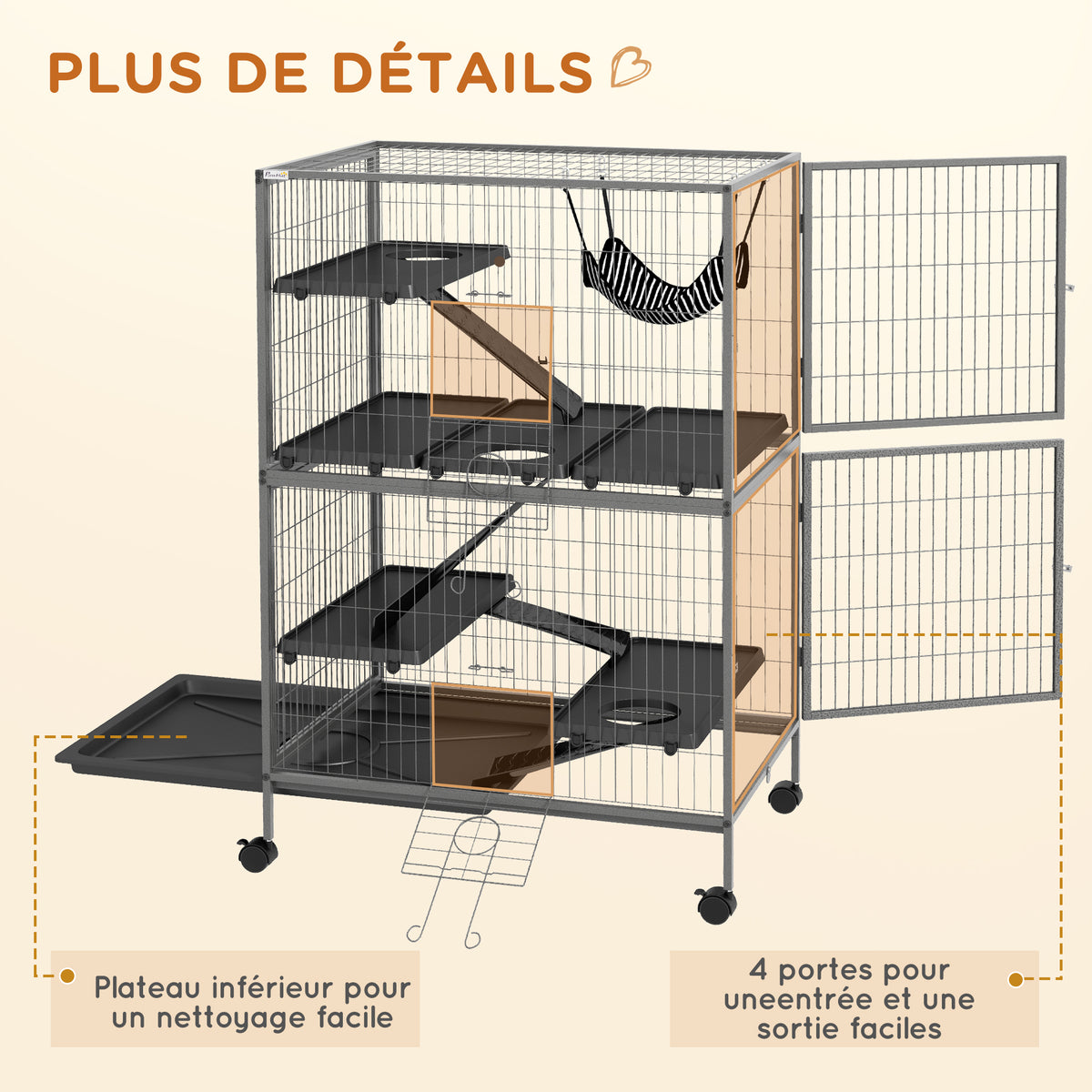 Cage pour rongeurs Multifonction 4 Plateformes 3 rampes 4 Portes dim. 80L x 52l x 128H cm acier Gris argenté Noir-6