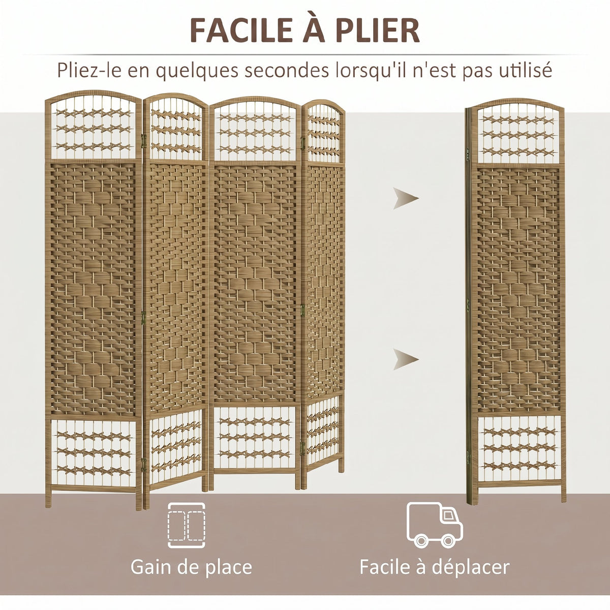 Paravent intérieur en bois séparateur de pièce cloison pliable 4 panneaux 160 x 170 cm bois naturel-3