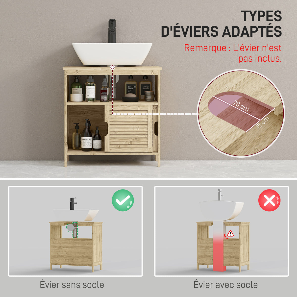 Meuble sous lavabo en Bambou, Meuble de Rangement pour Salle de Bain avec 2 Portes, 60 x 30 x 60 cm, Bois Naturel-3
