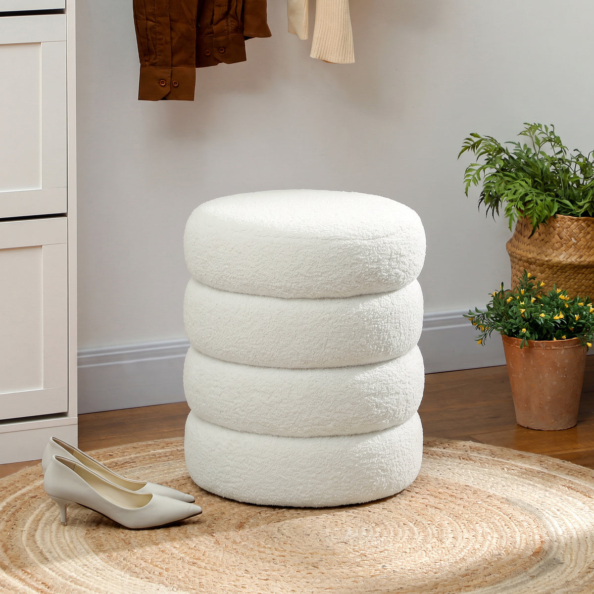 Repose pied salon, tabouret ottoman rond rembourré en peluche Teddy, pour chambre à coucher, entrée, Ø 40 x 45 cm, blanc-1