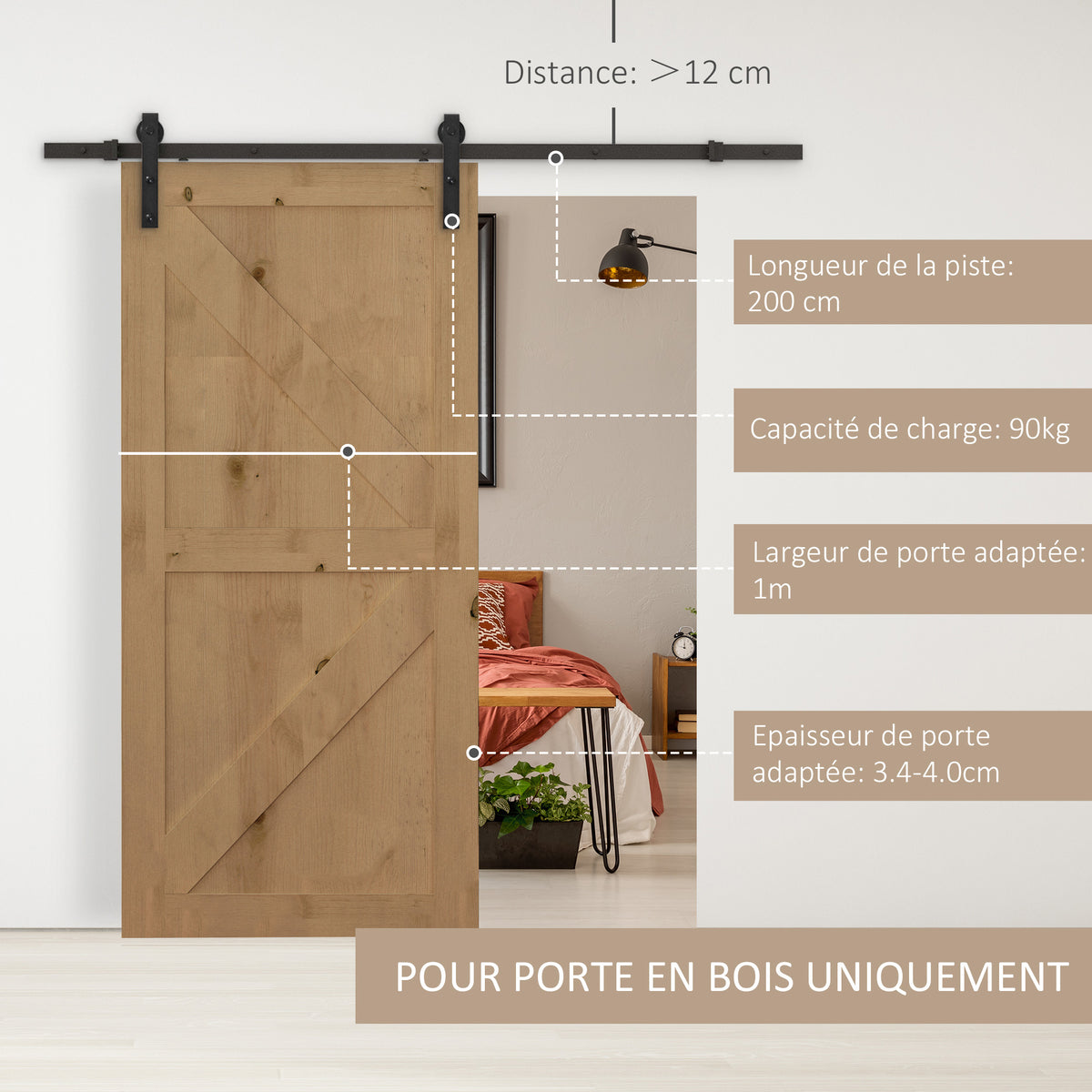 200 CM Rail porte coulissante quincaillerie de porte coulissante en acier au carbone capacité de charge 90 kg - noir-3