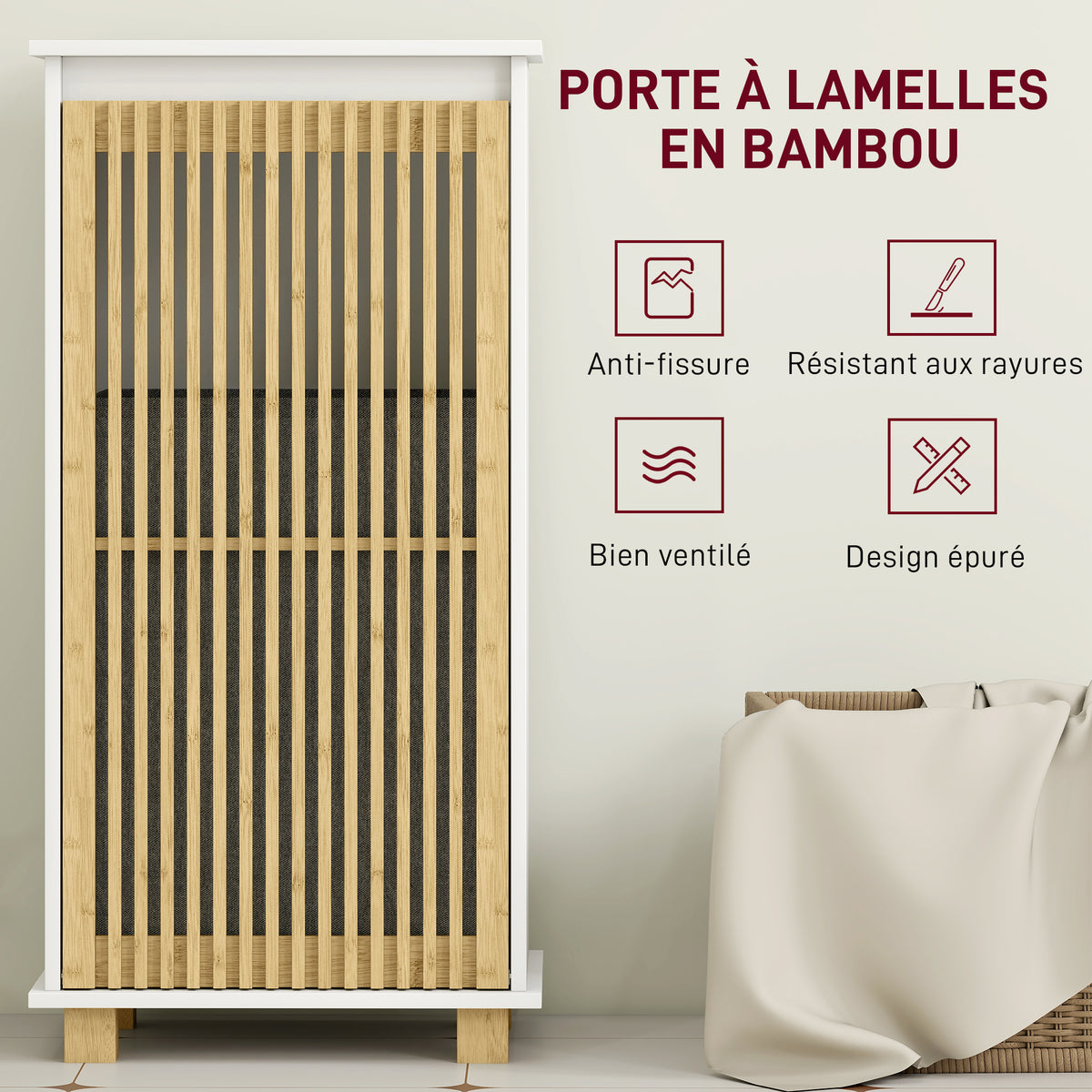 Meuble salle de bain avec panier à linge, porte à lattes en bambou et sac amovible, blanc et effet bois naturel-5