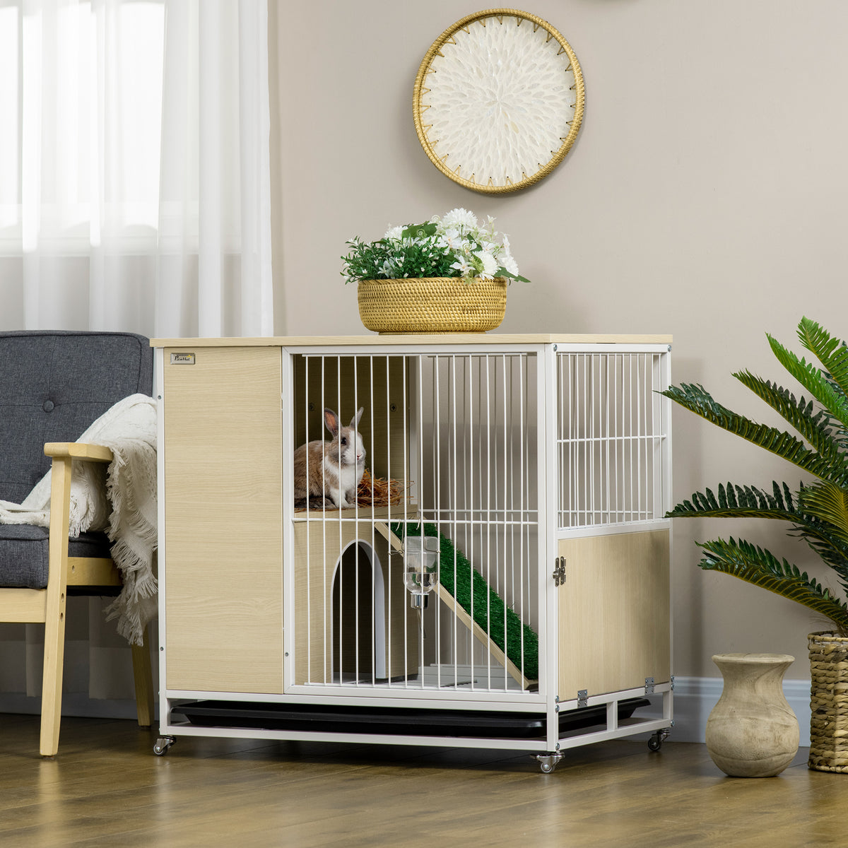 Cage à lapin clapier sur roulettes toit ouvrant plates-formes avec plateau amovible 78 x 52,5 x 76,5 cm naturel-1