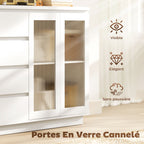 Buffet salon, meuble de rangement avec 4 tiroirs et 2 portes en verre trempé, étagère réglable, 120 x 40 x 91 cm, blanc-4