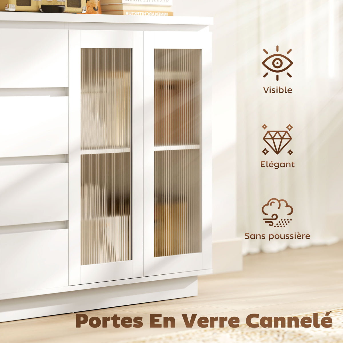 Buffet salon, meuble de rangement avec 4 tiroirs et 2 portes en verre trempé, étagère réglable, 120 x 40 x 91 cm, blanc-4