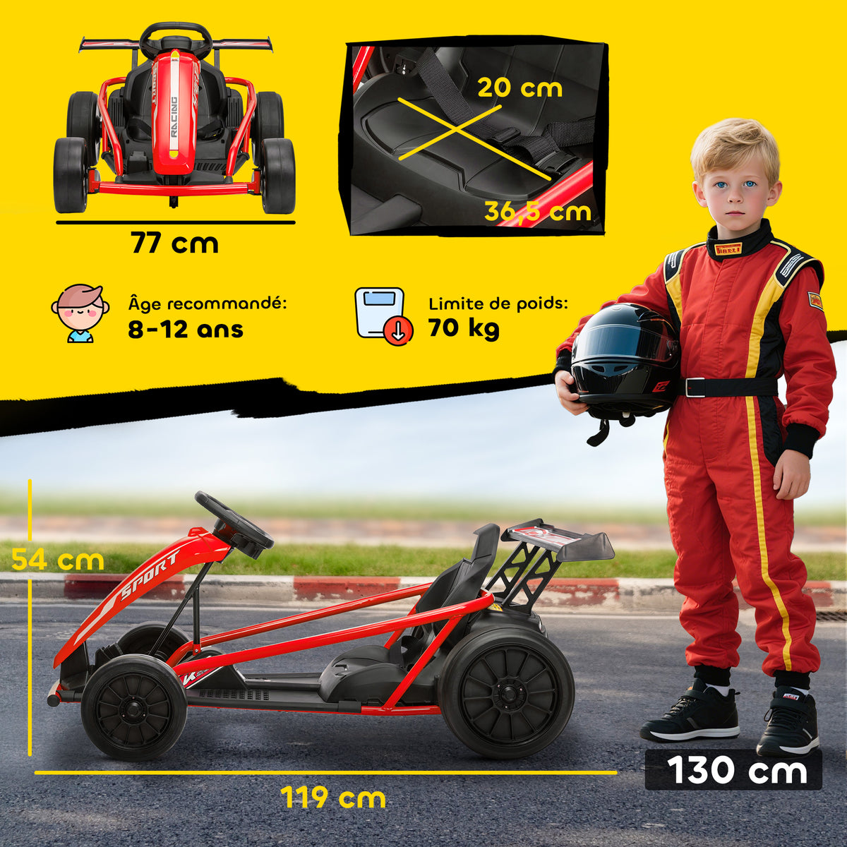 Voiture électrique GoKart kart électrique pour enfants 2 x 24 V moteurs mode dérive à 13 km/h 119 x 77 x 54 cm rouge-2