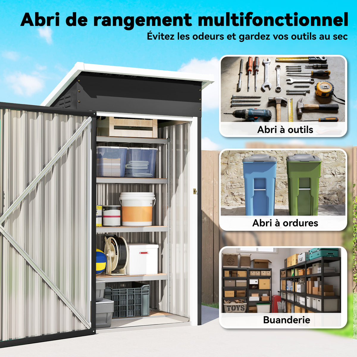 Abri de jardin en métal, cabane de jardin, porte verrouillable, toit incliné, aérations et gants, 107,5x91x185cm, gris-3