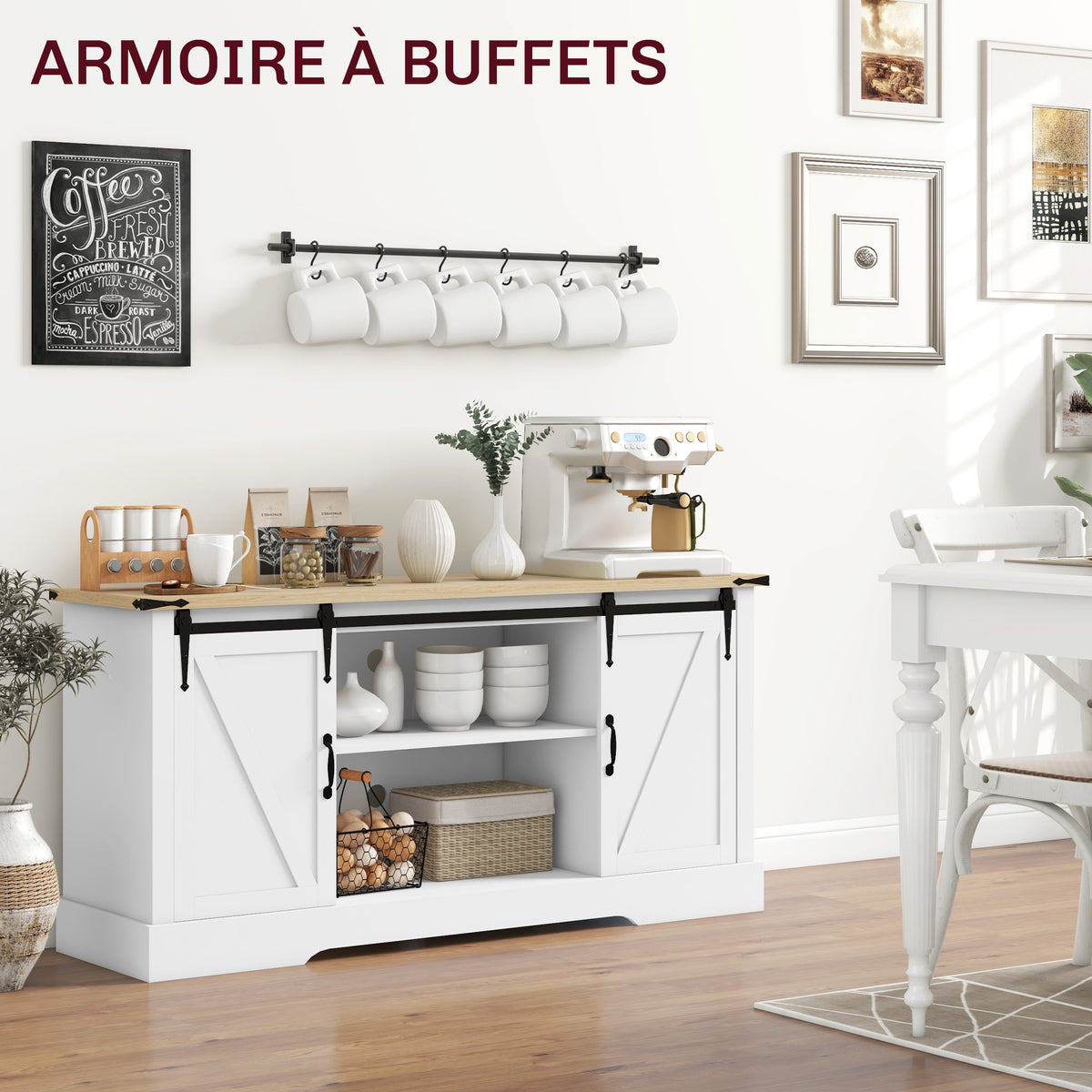 Buffet meuble de rangement avec 2 portes coulissantes étagères réglables 150l x 40P x 72H cm en bois blanc chêne-4