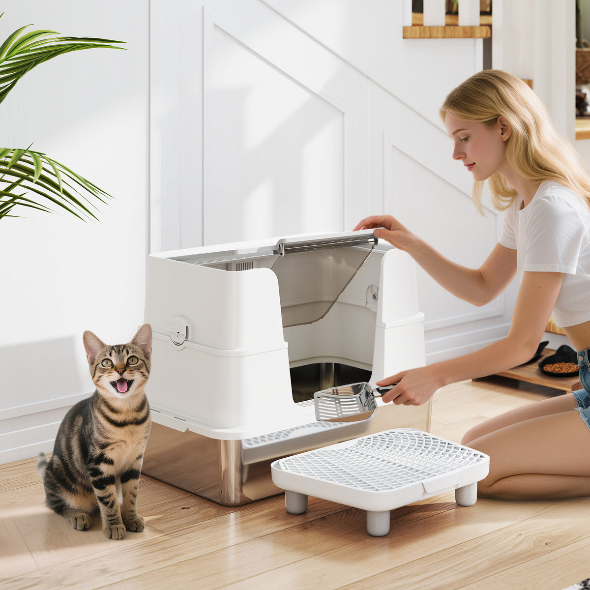 Bac à Litière XL en Acier Inoxydable pour Grand Chat, Couvercle Pivotant 100°, Pelle, 60,2x40,2x44,5cm, Gris Clair-1