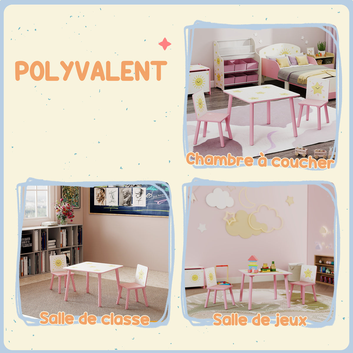 Table enfant avec chaise, ensemble table et 2 chaises enfant en bois, motifs d'étoile, 60 x 60 x 44 cm, rose-7
