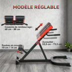 Banc de Musculation Réglable 5 Niveaux, Chaise Romaine avec Rouleaux en Mousse Dense, 112 x 62 x 88 cm, Noir et Rouge-5