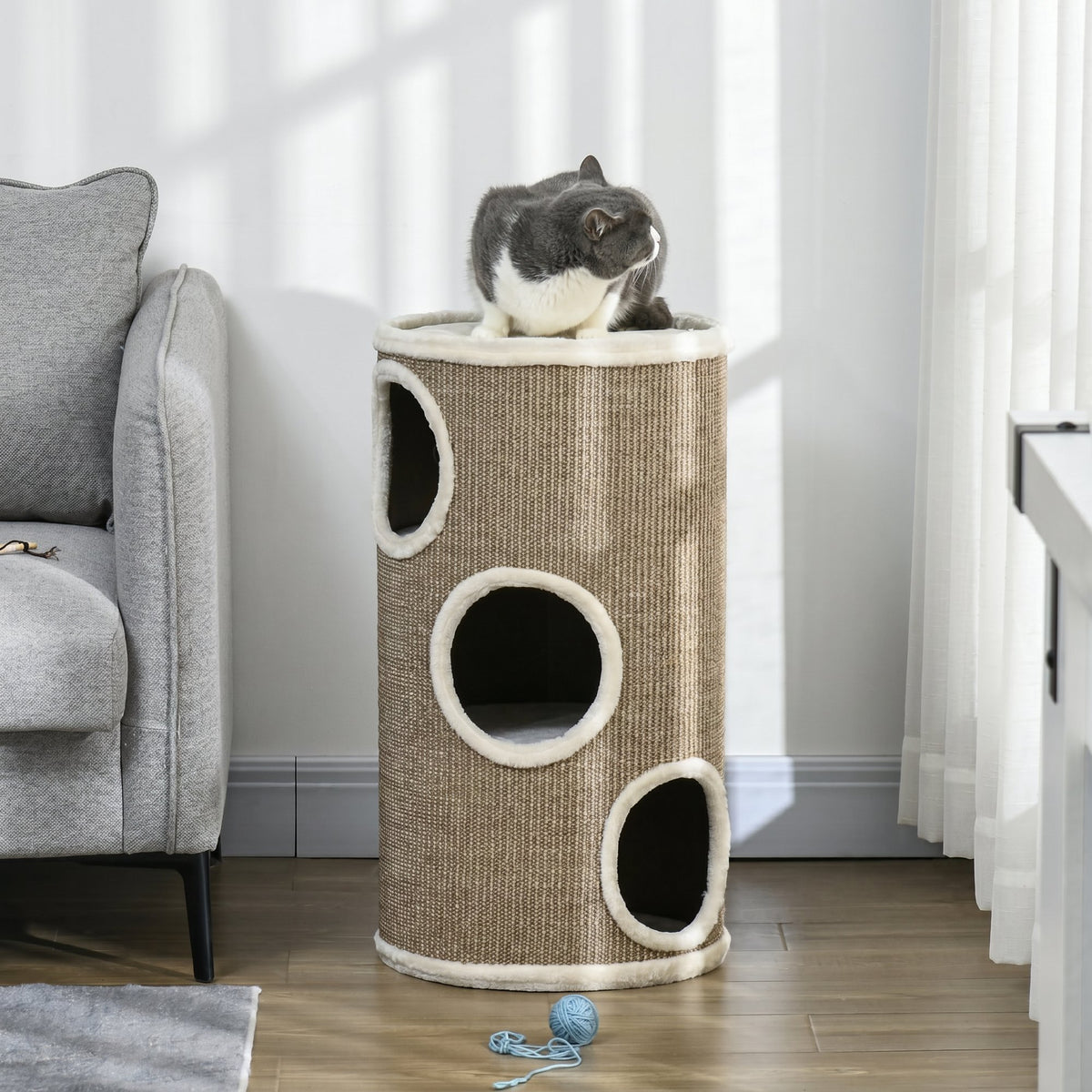 Tonneau à Gratter pour Chat, Tour à Griffer en Sisal à 3 Niveaux Recouvert de Peluche, Ø 38 x 70 cm, Marron-6