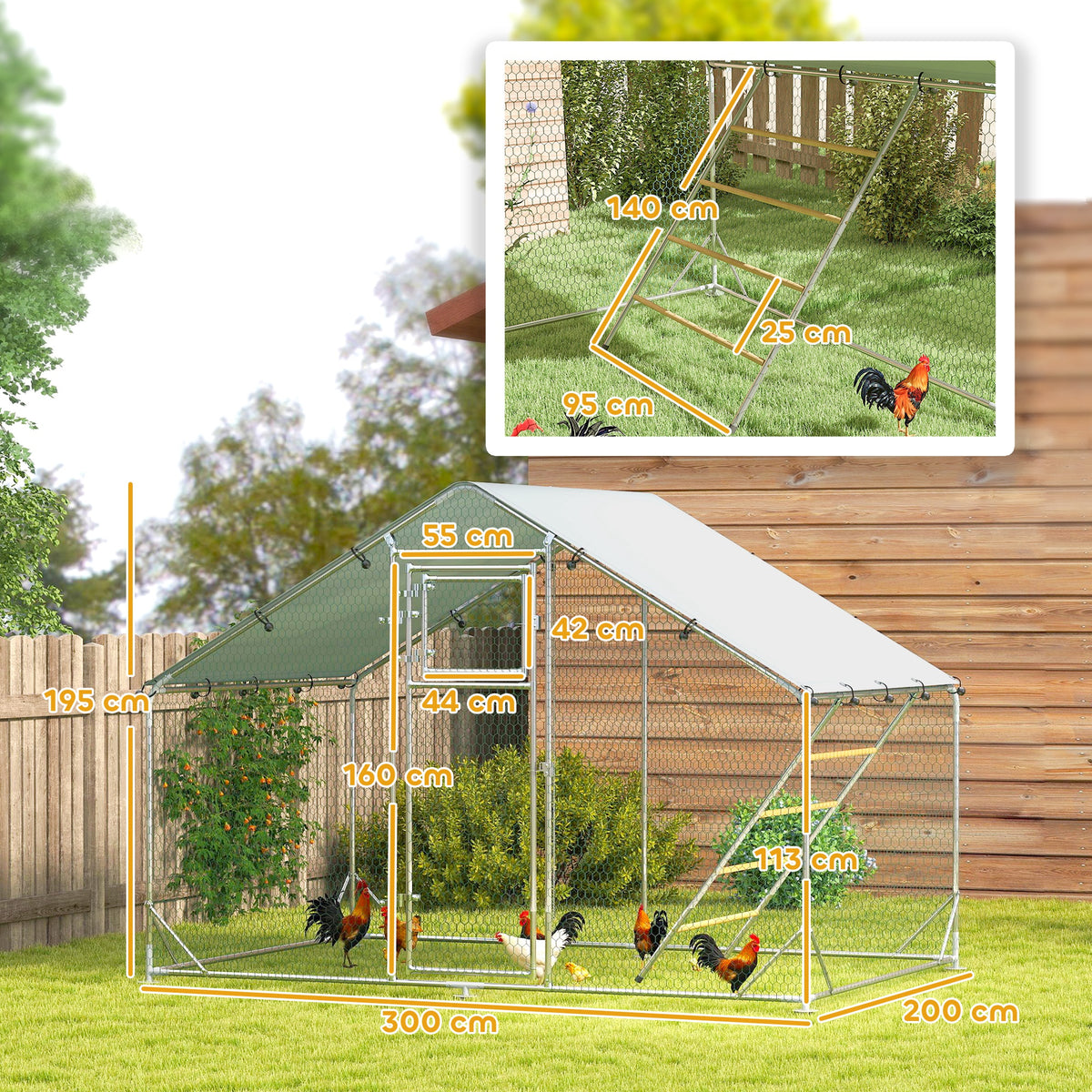 Enclos poulailler extérieur parc grillagé 6 m² avec perchoir et mangeoire acier galvanisé Ø25mm 300x200x195cm argent-2