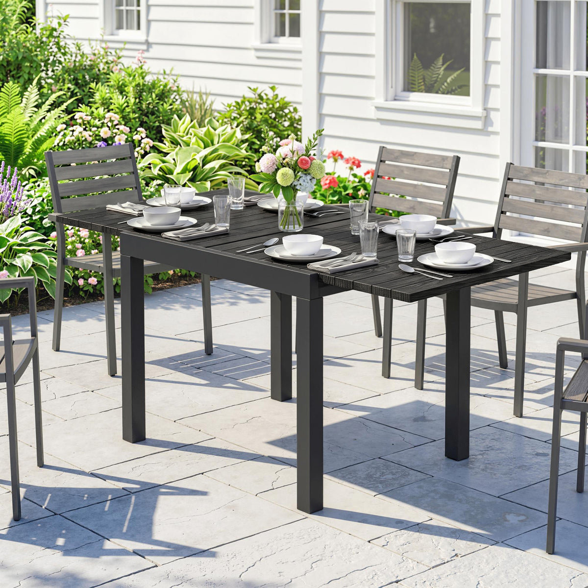 Table de jardin extensible pour 4-6 personnes avec rallonge auto-stockée aluminium avec effet bois 80-160 x 80 cm noir-9