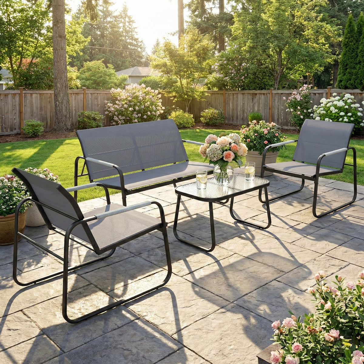 Salon de Jardin Ensemble de Terrasse en Acier et Textilène 4 Pièces avec Accoudoirs Corde Tressée Gris-1