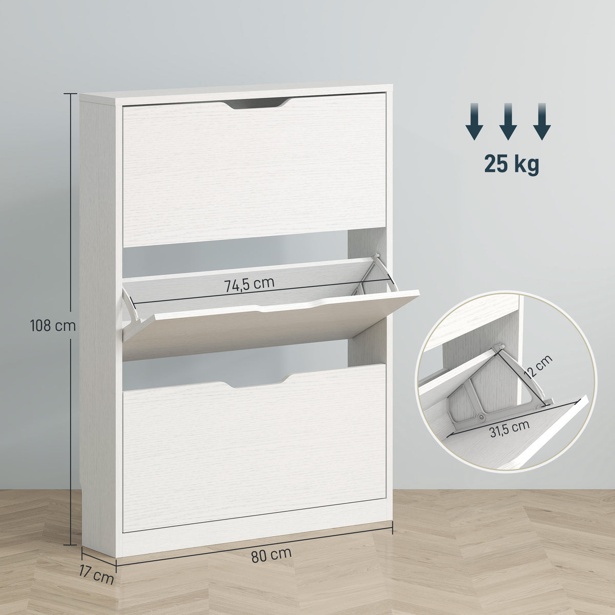 Meuble à chaussures 12 paires, armoire à chaussures, 3 tiroirs rabattables, pour couloir, entrée, 80x17x108cm, blanc-2