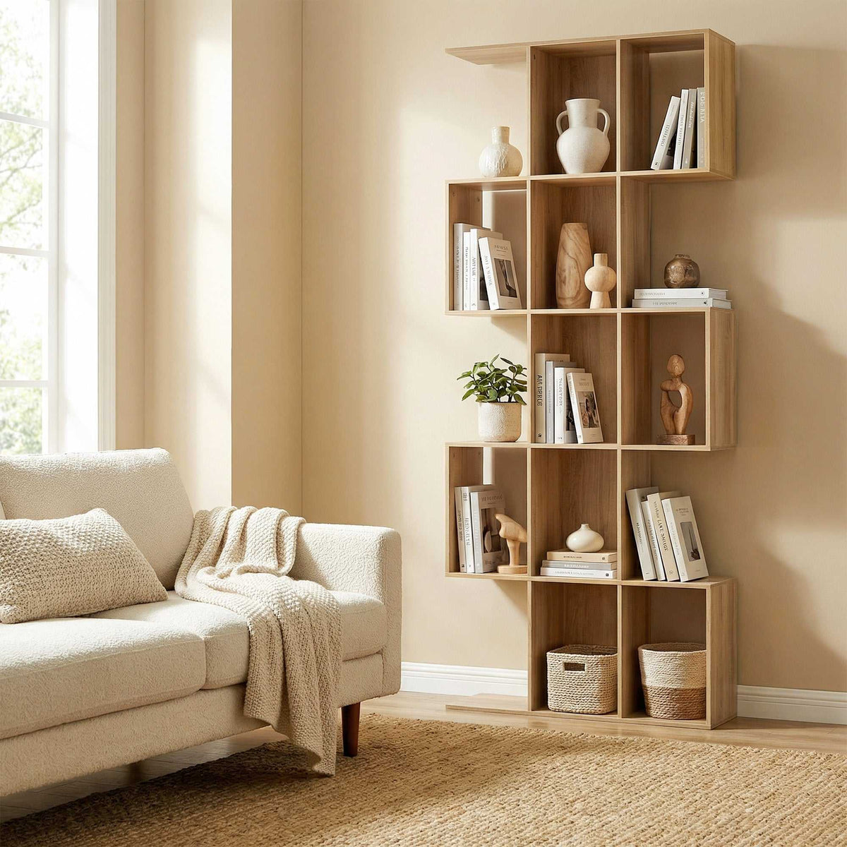 Bibliothèque à 5 niveaux, étagère de rangement en forme S avec 15 compartiments ouverts, 80 x 24 x 200 cm, chêne-8