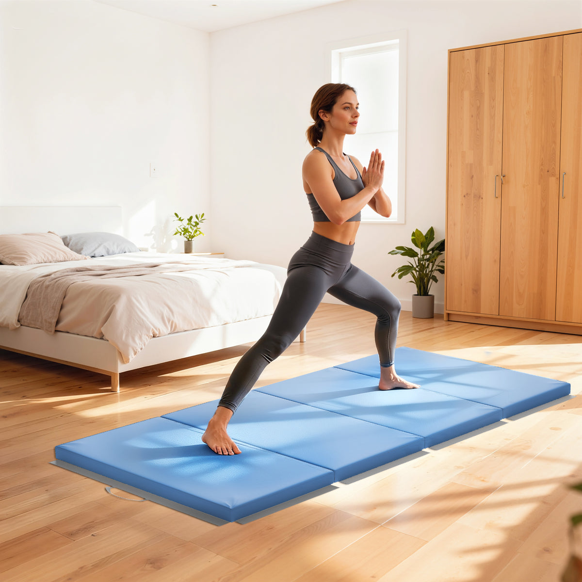 Tapis de gymnastique yoga pilates fitness pliable en 4 avec poignées revêtement synthétique 180 x 80 x 5 cm bleu clair-1