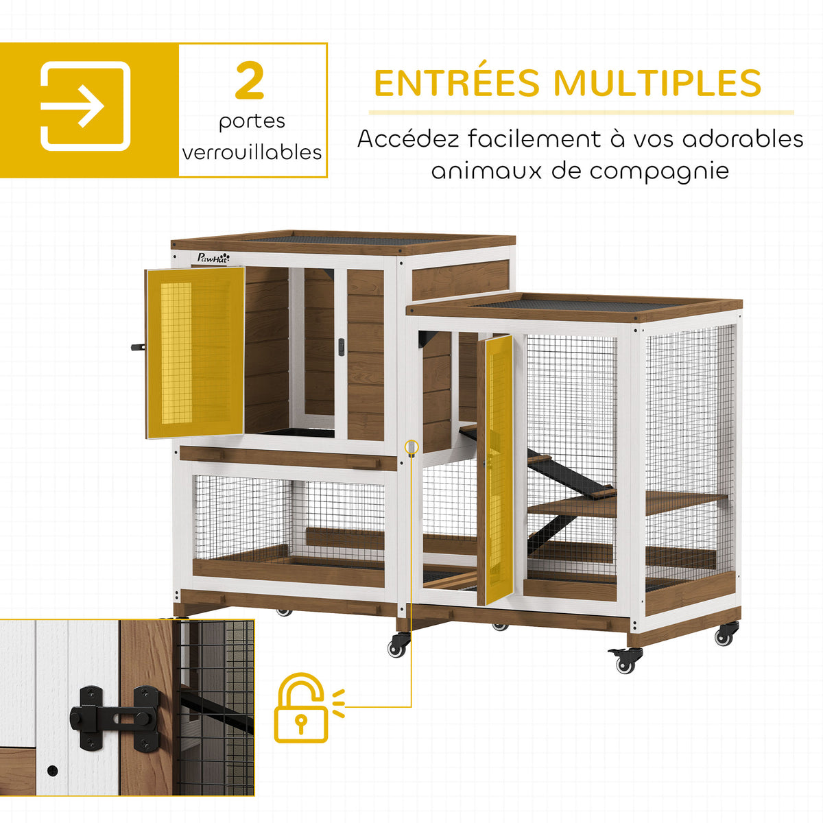 Clapier lapin intérieur cage lapin en bois design de luxe 3 niveaux avec 3 plateaux amovibles 110 x 50 x 86 cm marron-4