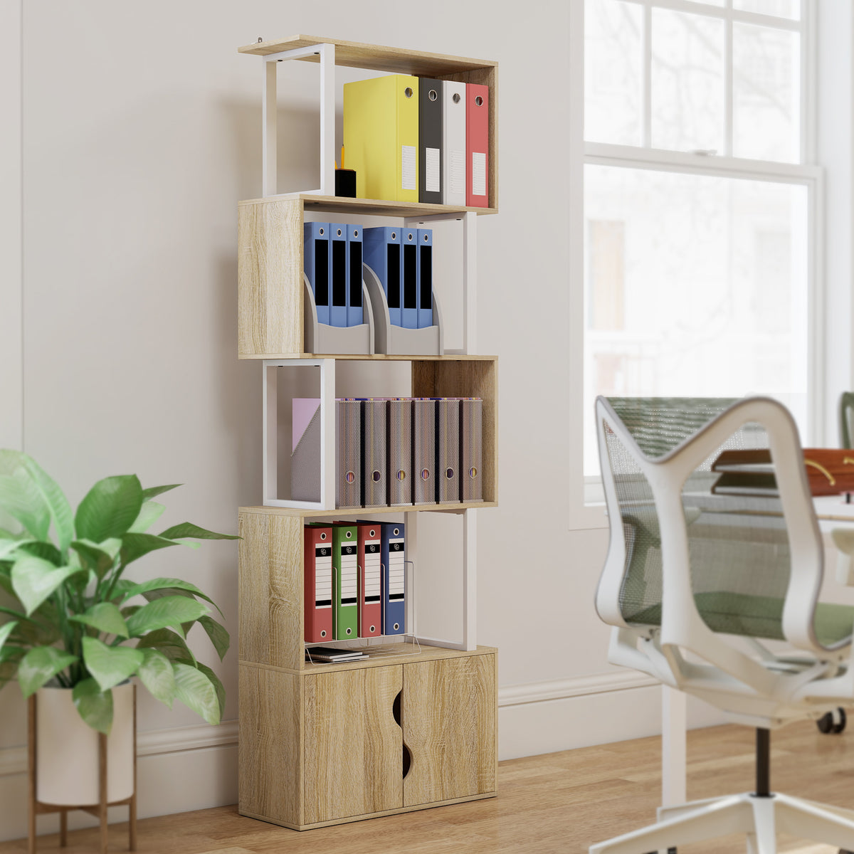 Bibliothèque à 5 niveaux, meuble de rangement avec étagères et placard double porte, 60 x 23,8 x 179,2 cm, bois naturel-7