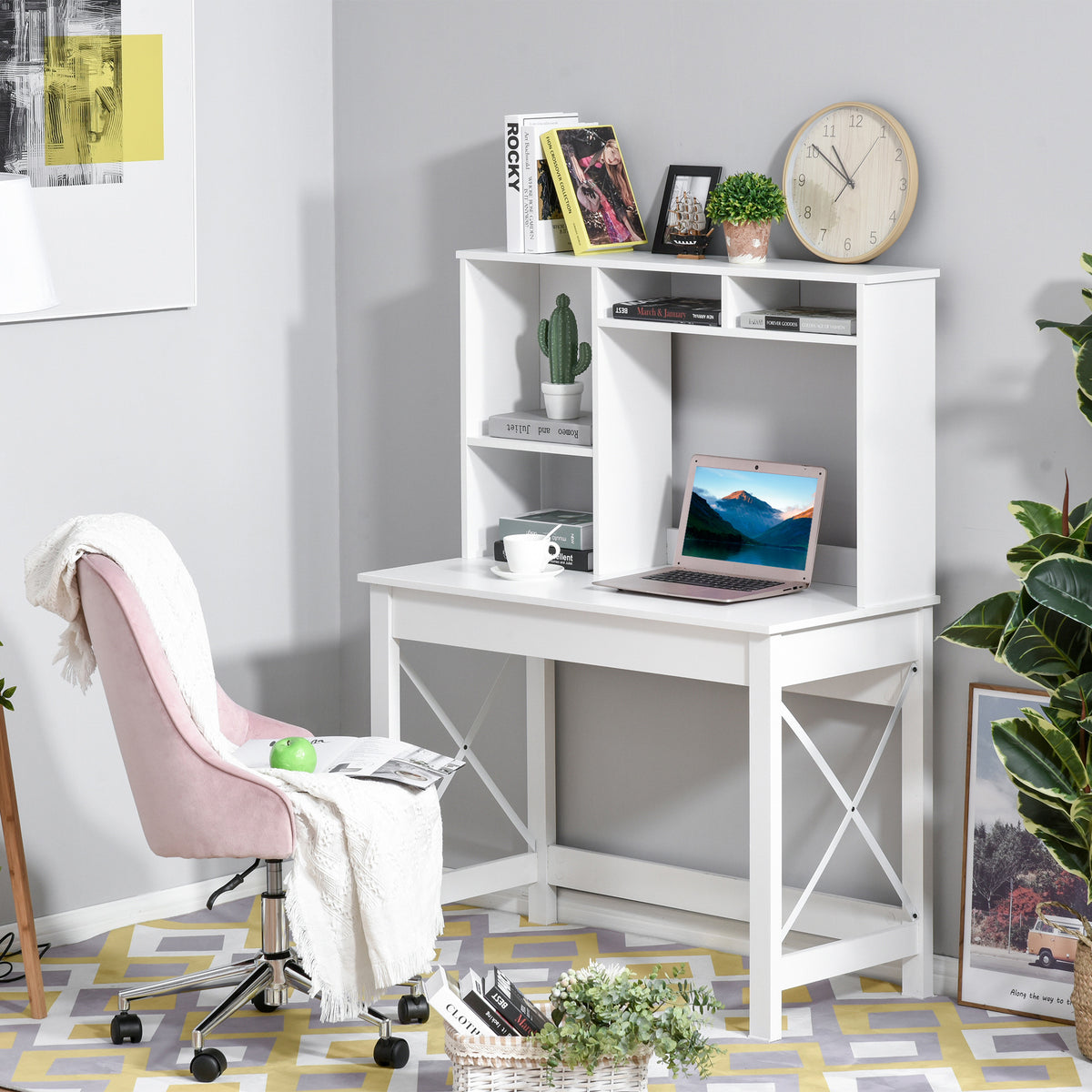 Bureau avec rangement bibliothèque en bois moderne avec étagères et grand plateau pour petits espaces maison chambre à coucher, 105 x 50 x 137,5 cm, blanc-9