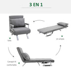 Fauteuil chauffeuse canapé-lit Convertible 1 Place déhoussable Grand Confort Coussin Pieds accoudoirs métal Lin Gris Clair-4