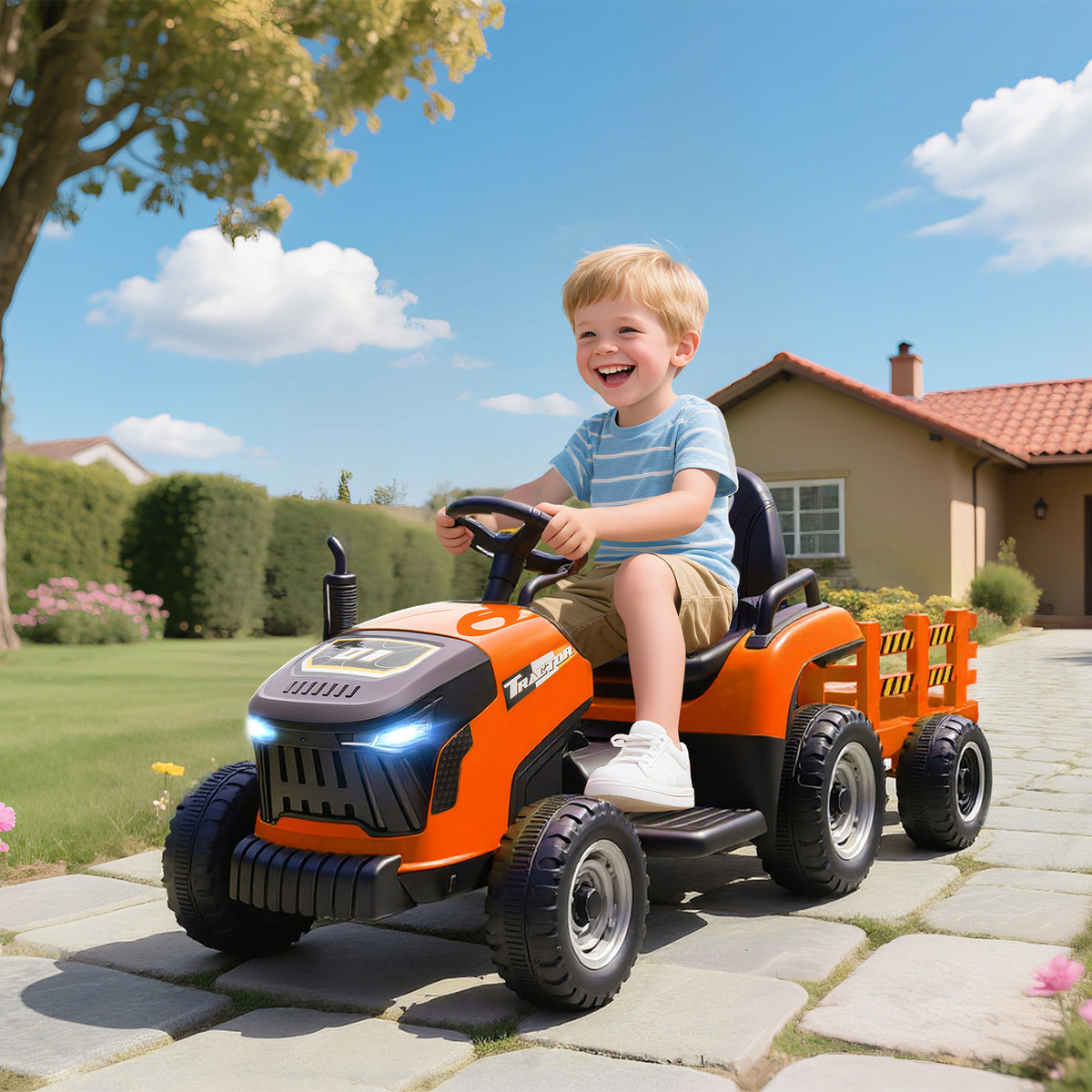 Tracteur électrique enfants avec remorque amovible, voiture électrique enfants, télécommande 2,4G, 139x58x55cm, orange-1