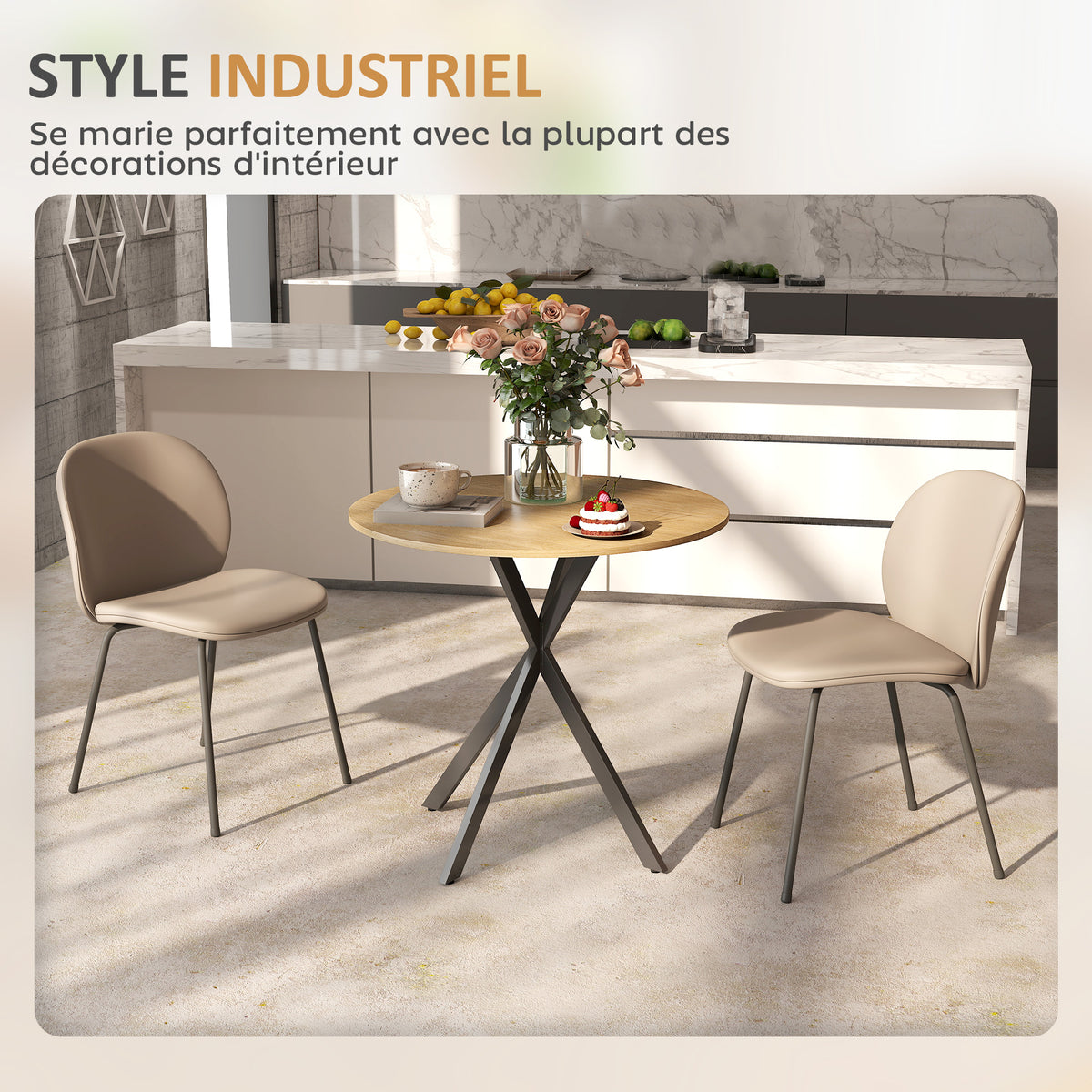 Table à manger ronde pour 2 personnes avec plateau aspect bois et piètement croisé en acier, blanc chêne-4