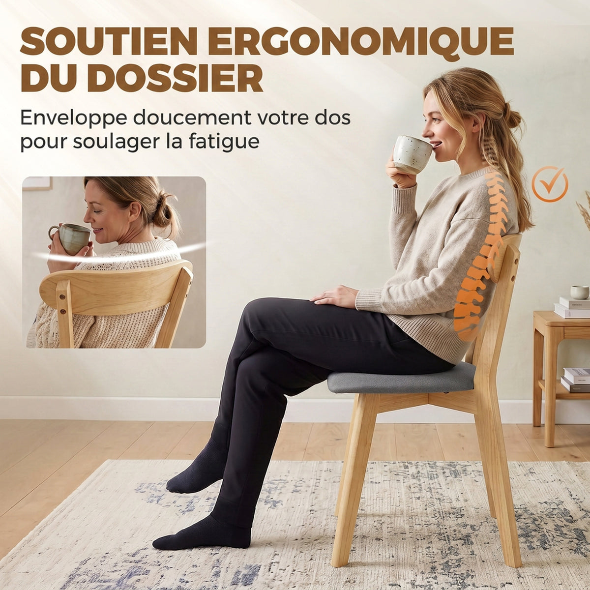 Lot de 2 Chaises de Salle à Manger, Chaises Cuisine, Assise Rembourrées en Lin, Dossier Incurvé, Gris et Bois Naturel-4