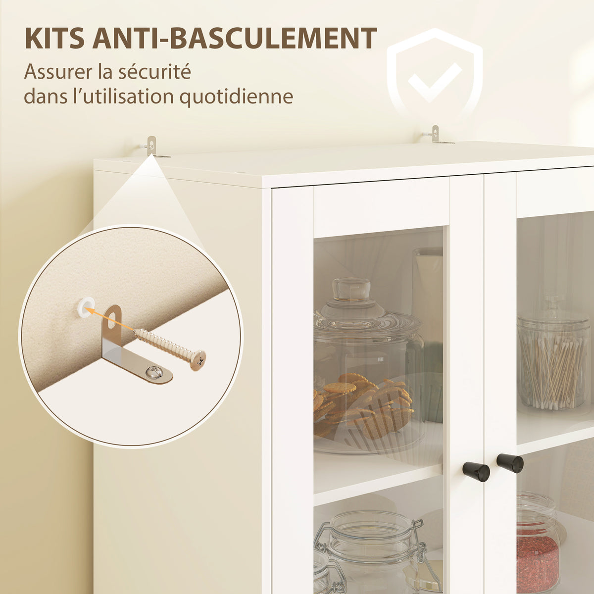 Buffet haut cuisine, armoire de cuisine avec portes vitrées, tiroirs et étagères réglables, 59x30x170cm, blanc brillant-5