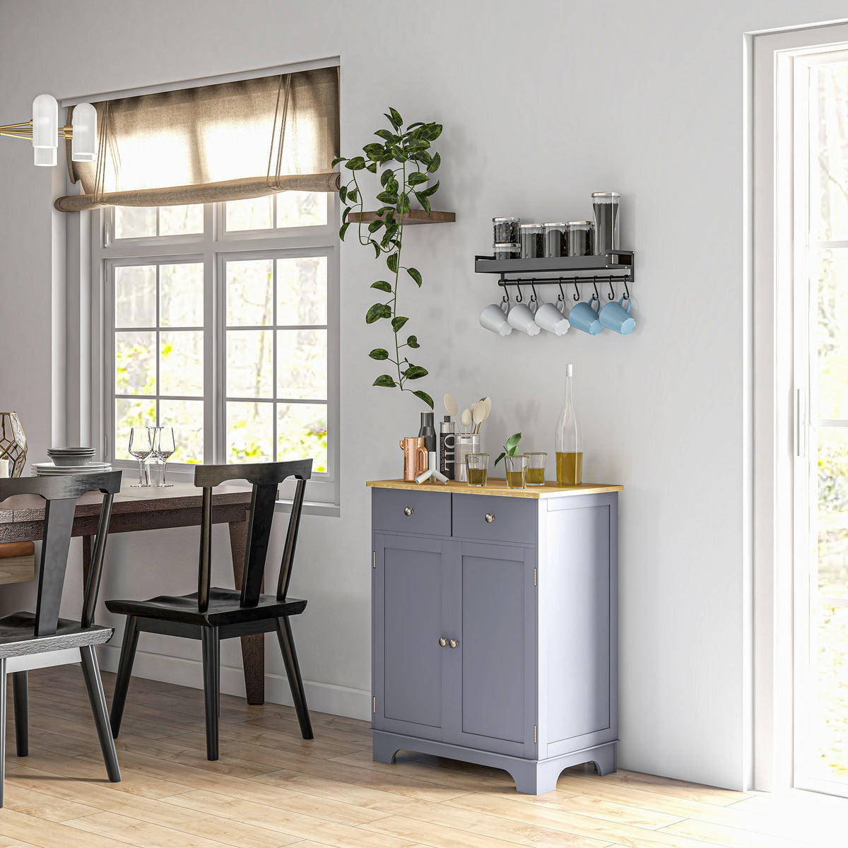 Meuble de rangement buffet salon avec placards, 2 tiroirs et étagères réglables, 68x40,3x85cm, gris et bois naturel-9