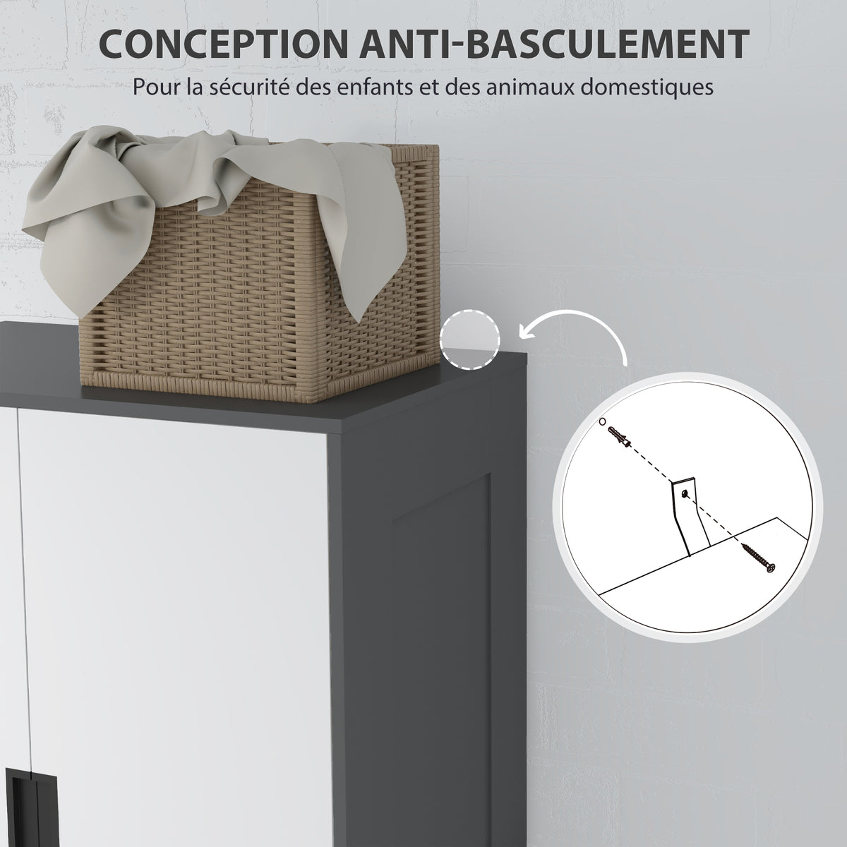 Armoire chambre penderie avec 2 portes à fermeture douce, 3 tiroirs et barre de suspension, 80x50x180cm, gris et blanc-5