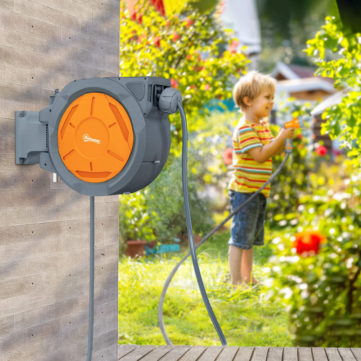 Enrouleur Tuyau Arrosage Mural 30 m x Ø 15 mm Dévidoir Automatique de Tuyaux d'Eau Rétractable Automatique orange-9