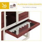 Clapier cage à lapins multi-équipé : niche supérieure avec rampe, plateau excrément, fenêtre + enclos extérieur sécurisé 2 portes 123,5L x 62,6l x 92,5H cm rouge brique-5