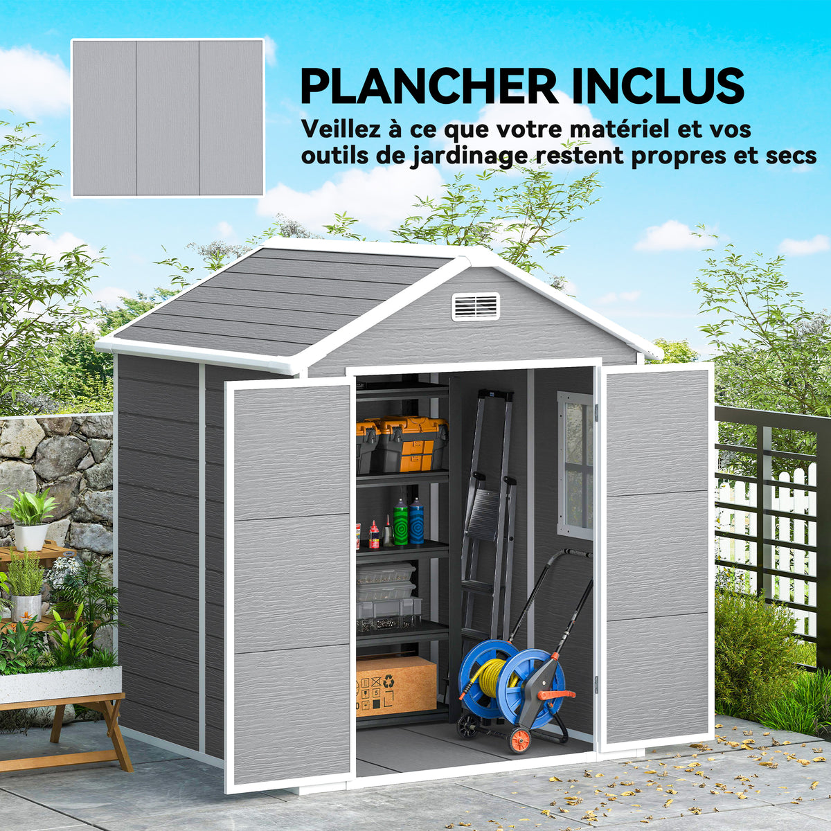 Abri de jardin en résine 2,7 m² avec plancher portes à loquet 3 fenêtre structure en aluminium 240 x 190 x 228 cm gris-4