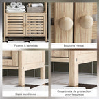 Colonne de salle de bain armoire de rangement en bambou 3 étagères 1 placard 63 x 30 x 138 cm bois naturel et blanc-5