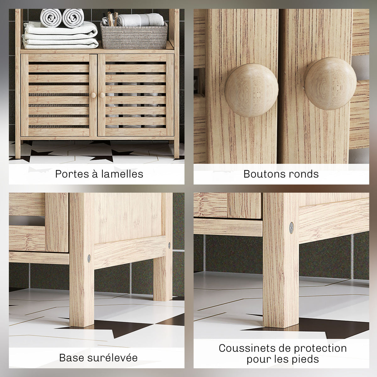 Colonne de salle de bain armoire de rangement en bambou 3 étagères 1 placard 63 x 30 x 138 cm bois naturel et blanc-5