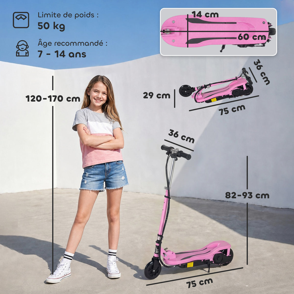 Trottinette électrique pliante pour enfant de 7+ans, 120W Vitesse max 12km/h, 75x36x82-93 cm rose-2