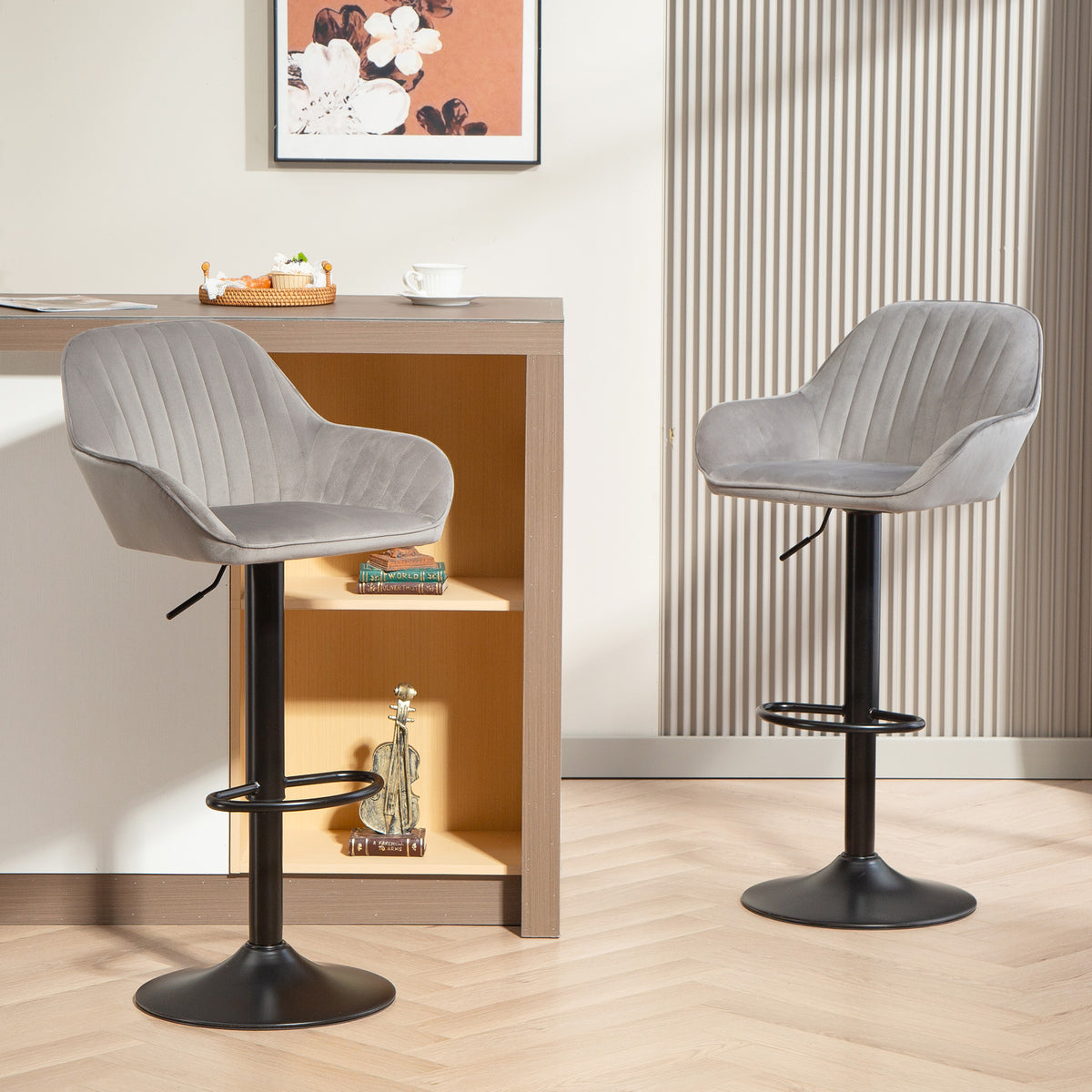 Lot de 2 tabourets de bar, chaises de bar en velours avec dossier, repose-pieds, hauteur réglable et pivotante gris-9