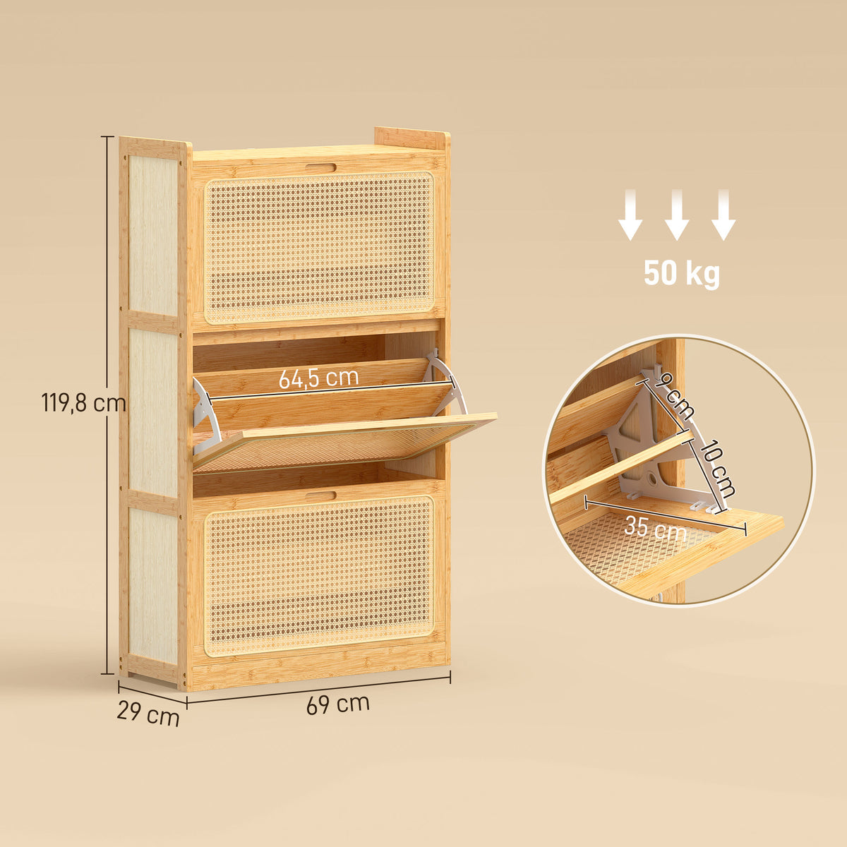 Meuble à chaussures 14 paires, armoire à chaussures 3 tiroirs rabattables, étagères réglables 69x29x119,8cm bois naturel-2