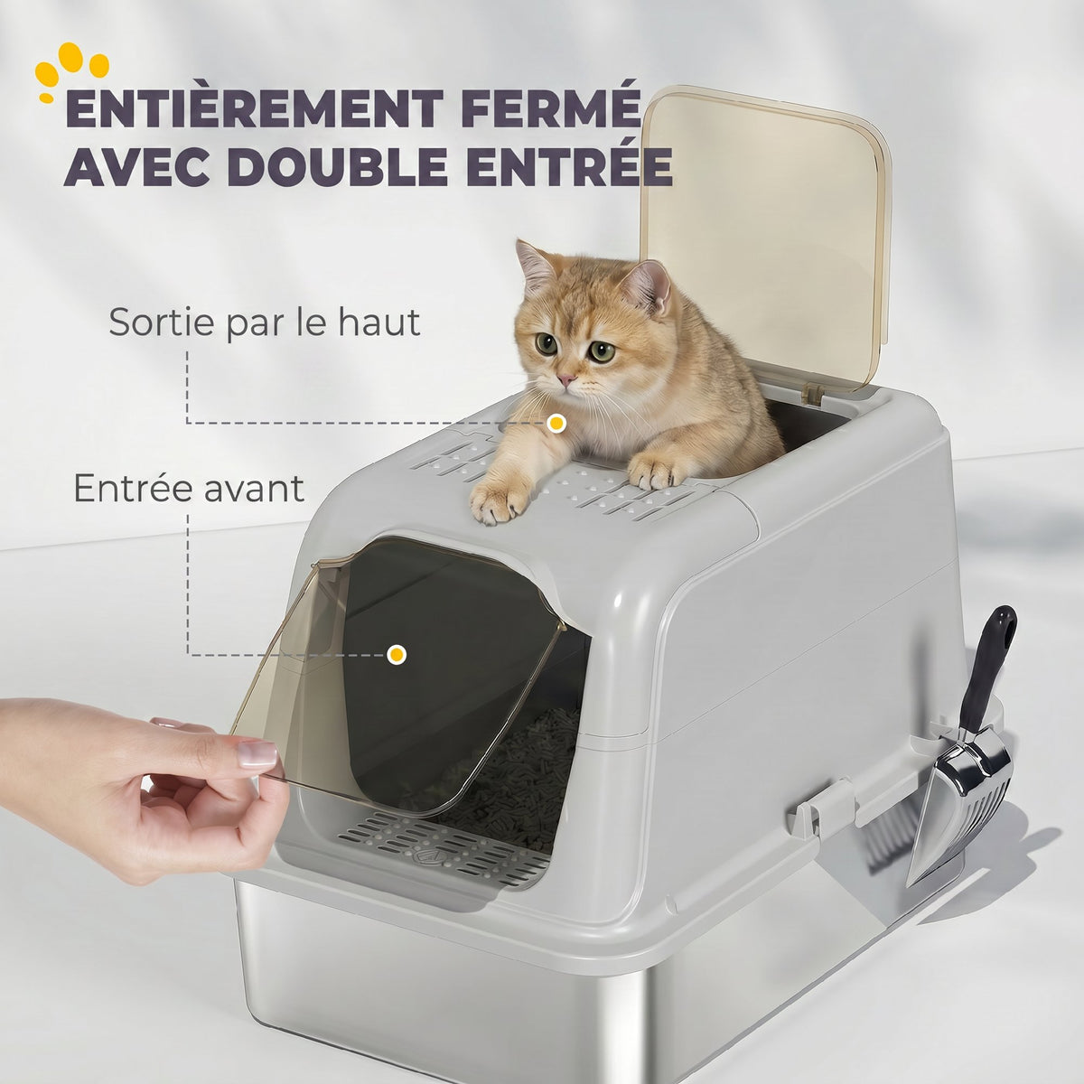 Maison de Toilette pour Chat Bac à Litière Fermé Bac Acier Inoxydable, Nettoyage Facile, 60,4x40,4x41,8cm, Gris Clair-4