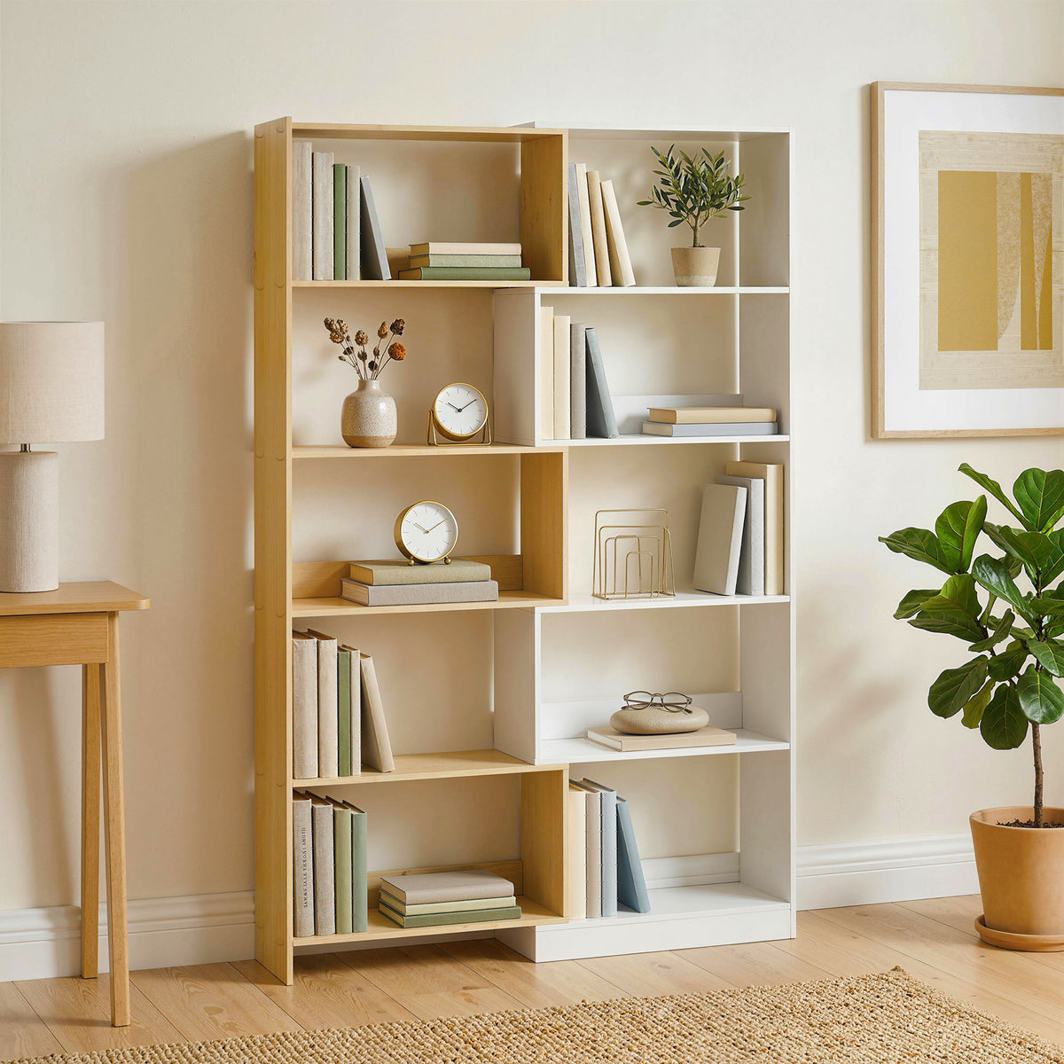 Bibliothèque d'angle rotative 350° à 5 niveaux, étagère de rangement extensible en forme L, 60-111x24x164cm, chêne-8