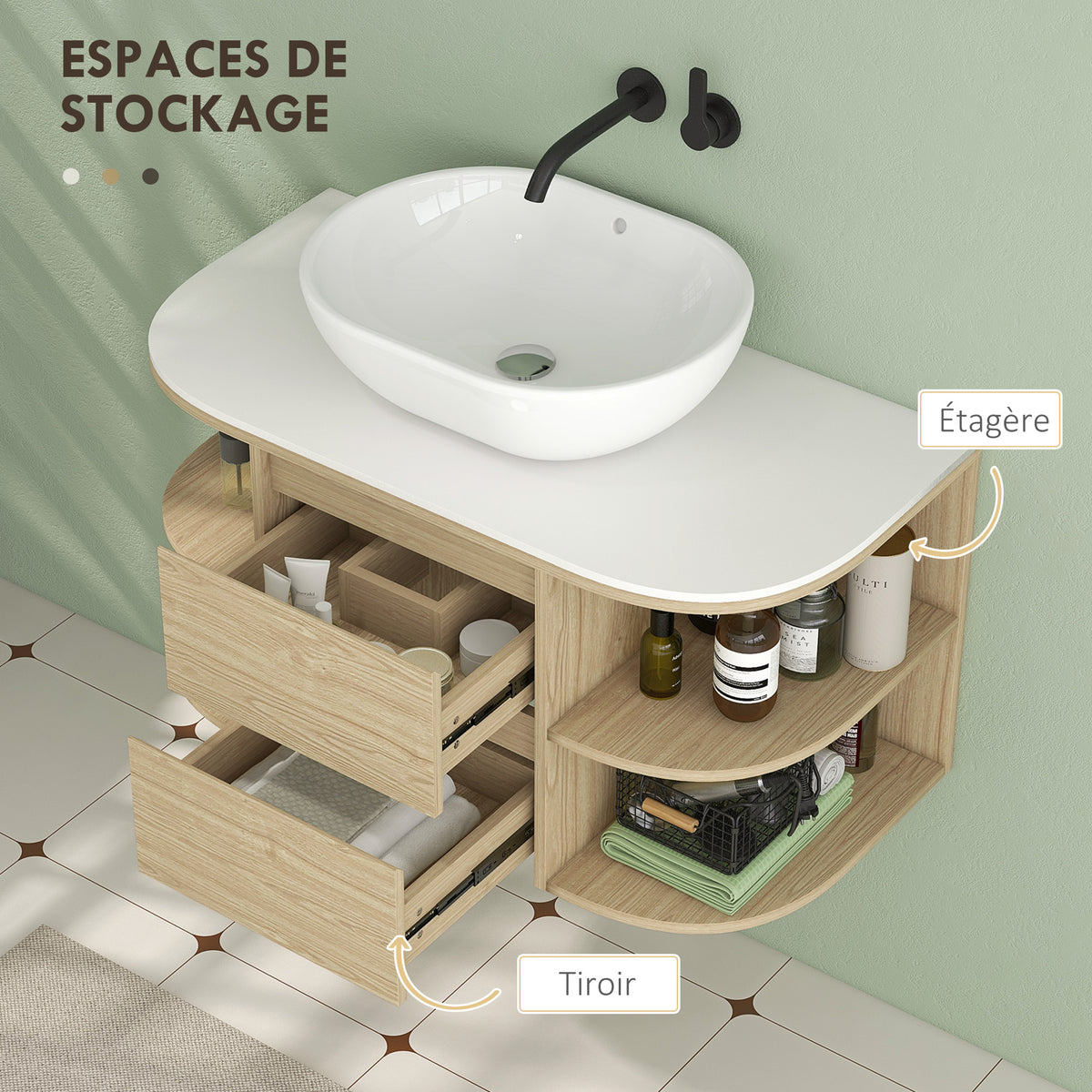 Meuble sous lavabo salle de bain suspendu meuble sous vasque avec tiroirs à fermeture douce et étagères, marron-4
