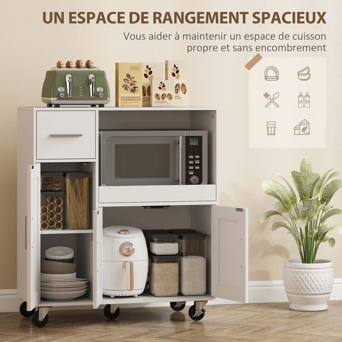 Desserte cuisine à roulettes, meuble micro onde, plateau coulissant, tiroir, placards 3 portes, 80x40x88,7cm, blanc-3