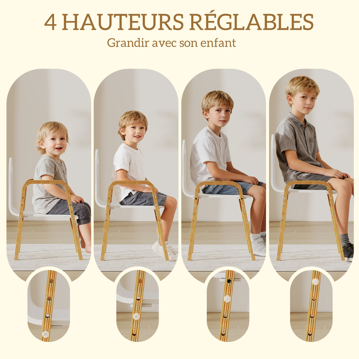 Lot de 2 chaises pour enfants réglables en hauteur fauteuil enfants en bois massif avec accoudoirs 39x34x61,5cm blanc-3