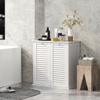 Meuble salle de bain avec panier à linge armoire salle de bain en bois portes persiennes 2 paniers 70 x 38 x 73 cm blanc-6