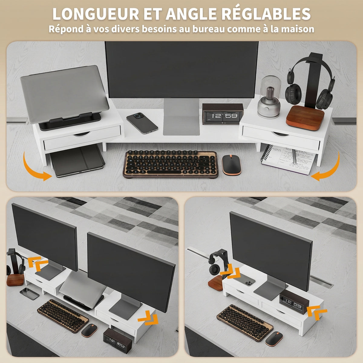 Rehausseur écran PC bureau support d'écran d'ordinateur de 60-116 cm avec 2 tiroirs, longueur et angle réglables-3