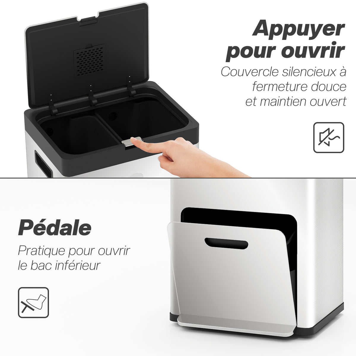 Poubelle rectangulaire à pédale poubelle cuisine 3 compartiments fermeture douce acier inox 45,7 x 35,8 x 76 cm argent-6